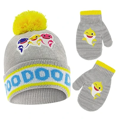Image of Nickelodeon Unisex Kid&#039;s Winter Hat and Mittens Set, Baby Shark Toddler Beanie Gloves for Children Age 2 4, Yellow/Grey, Years