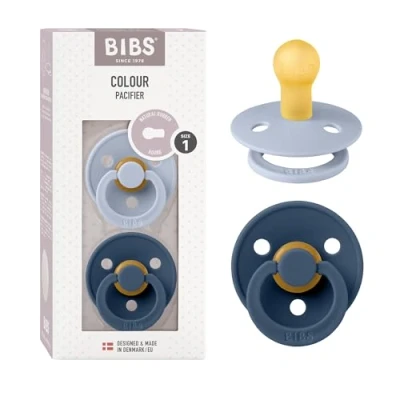 Image of BIBS Colour Soother 2 Pack, BPA Free Dummy Pacifier, Round Nipple. Natural Rubber Latex, Made in Denmark. 0 6 Months (Pack of 2), Dusty Blue/Steel Blue