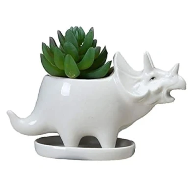 Image of KiaoTime Dinosaur Shape White Ceramic Succulent Planters Pots little Planter flower Bonsai Plant Dino Vase Container Cactus Desktop Animal Decoration Pencil Holder Nursery