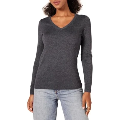 Image of Amazon Essentials Women&#039;s Classic Fit Lightweight Long Sleeve V Neck Jumper (Available in Plus Size), Charcoal Heather, L