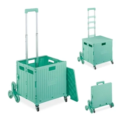 Image of Relaxdays Shopping Trolley, Collapsible, Stair Climber, Cart with Wheels, Telescopic Handle, for up to 35 kg, Turquoise, Iron, 99 x 53 50 cm