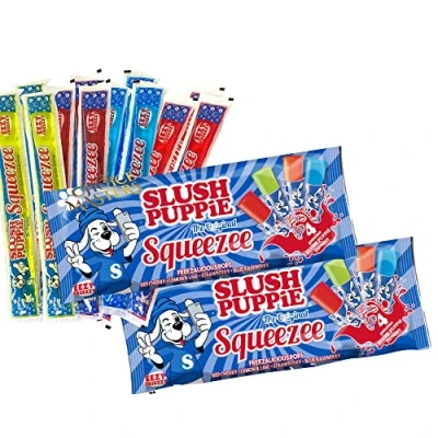 Image of Slush Puppie The Original Squeezee Freeze Pops Ice Lolly Poles 2 x (10 60mls) Red Cherry, Lemon &amp;Lime, Strawberry and Blue Raspberry Vegetarian, Vegan Gluten Free 20 Total