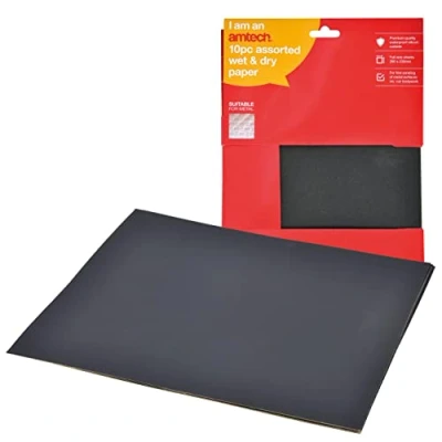 Image of Amtech Wet and Dry Silicon Carbide Paper for Sanding Metal, Wood, Glass, More, Home DIY, Ideal Vehicle Bodywork, Waterproof, Durable Long Lasting, Includes 3 Grits (10 Piece)