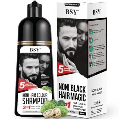 Image of BSY Noni Natural Black Hair Color shampoo 180ml Pump Pack No Ammonia 3 in 1 Colour, Shampoo, conditioner for women Fruit Dye Men 5 Minutes