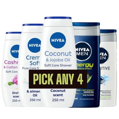Image of 4 x 250ml Nivea Shower Cream and Gel Collection Coconut &amp; Jojoba Oil Cashmere Cottonseed Mens Energy, Sensitive Pick any
