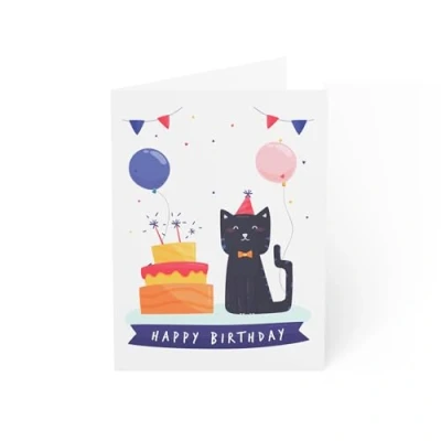 Image of Cat Birthday Card Cute and Colorful Happy with Balloons 6 x 8 Inch Made in UK Includes White Envelope Blank Inside Sustainable Materials