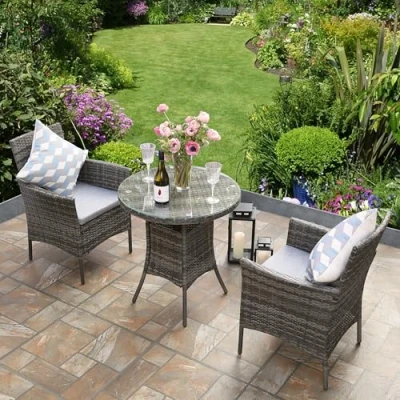 Image of RayGar 3pcs Rattan Garden Furniture Bistro Set Chair Coffee Table Patio Outdoor 2 Seater Grey