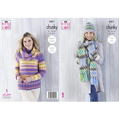 Image of King Cole 5411 Knitting Pattern Sweater Cowl Hat Scarf and Mittens in Riot Chunky