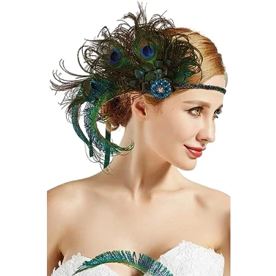 Image of BABEYOND 1920s Headpiece Vintage Flapper Headband Peacock Feather Crystal Beaded Great Gatsby Costume Accessories Roaring 20&#039;s (Peacock)(Size: One Size)