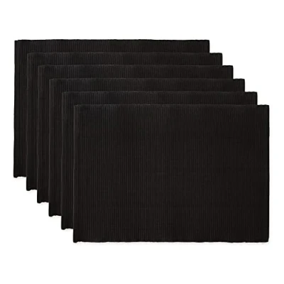 Image of DII Basic Everyday Ribbed Tabletop 100% Cotton, Placemat Set, 13x19, Black, 6 Piece