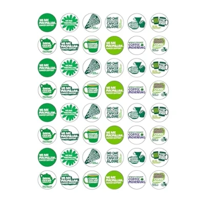 Image of 48 Macmillan Charity Fundraising Coffee Morning Themed Edible Wafer Paper Cake Toppers Decorations 2.5cm circles