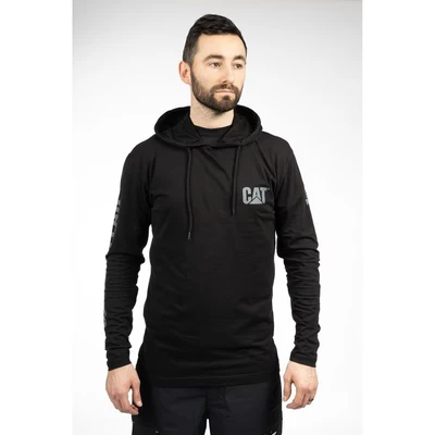 Image of CAT Men&#039;s Hooded Banner Long Shirts with UPF 50 Protection, Moisture Control Logo on Sleeve T, Black, XXL