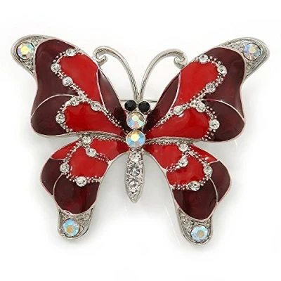 Image of Avalaya Burgundy/Red Enamel Crystal Butterfly Brooch in Rhodium Plating 50mm W