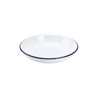 Image of Premium Quality Traditional Enamel White Blue Trim Rice Plate, Pasta Bowl, Dinner Round Pie Soup Mixing Deep Dish Tableware Crockery (Rice Plate 18cm)