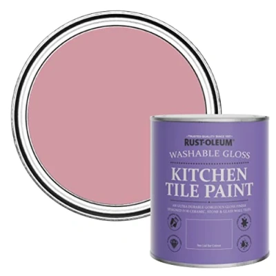 Image of Rust Oleum Pink Water Resistant Kitchen Tile Paint in Gloss Finish Dusky 750ml