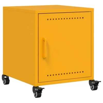 Image of vidaXL Mustard Yellow Steel Bedside Cabinet/Nightstand 2 Drawers, Wheels, 36x39x43.5 cm Bed Table