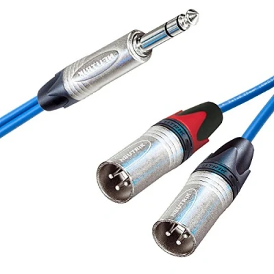 Image of Neutrik Stereo Jack to 2 x Male XLRs, Sommer ONYX 2025 Black Cable. Unbalanced Insert/Splitter Lead (6m, Blue)