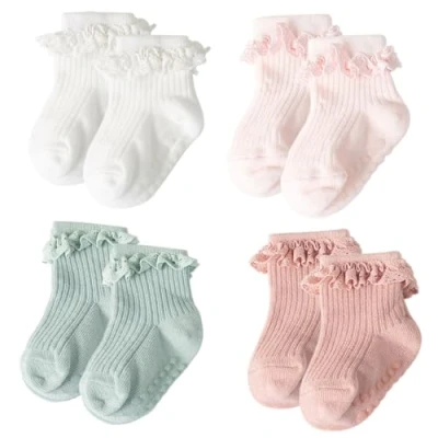 Image of DRESHOW Infant Ruffle Lace Socks Non slip Plain Frilly Baby Newborn Toddlers Girls Ankle Dress