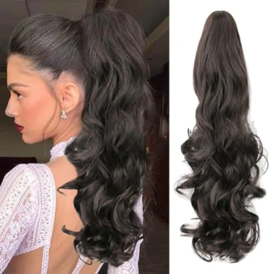 Image of RPAEOY Ponytail Hair Hairpieces for Women 22 Inch Claw Clip in Extension Fluffy Curly Natural Synthetic Fiber Wigs Replacement Cosplay Daily Use Party Wear (Brownish Black)