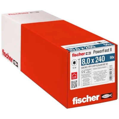 Image of fischer PowerFast II STP 8.0 x 240, Powerful Wood Screws with Step Countersunk Head, Inner Star Socket and Partial Thread, for Constructive Construction, Pack of 50