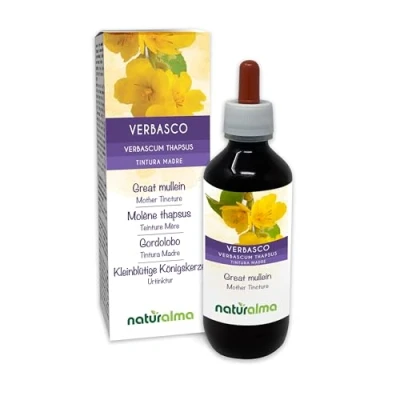 Image of Great Mullein or Common (Verbascum thapsus) Flowers and Leaves Alcohol Free Mother Tincture Naturalma Liquid Extract Drops 200 ml Food Supplement Vegan