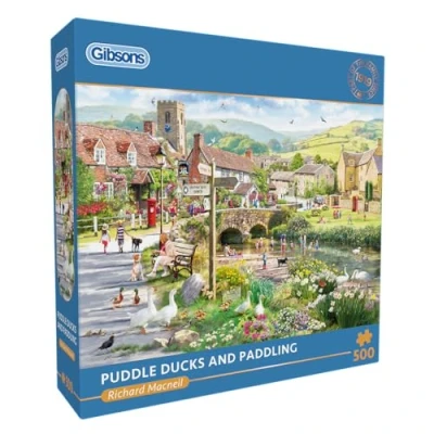 Image of Gibsons Puddle Ducks &amp; Paddling 500 Piece Jigsaw Puzzle Nostalgic Beautiful Colourful Artwork Sustainable for Adults Teens Premium 100% Recycled Board Great Gift Games