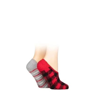Image of Women&#039;s 2 Pair SOCKSHOP Wildfeet Animal and Patterned Cosy Slipper Socks with Grip Red Checker Stripes 4 8 UK