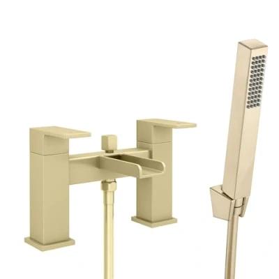 Image of ENKI, Plaza, BBT0268, Brushed Brass Bath Shower Mixer Tap, Square Waterfall Open Spout Design