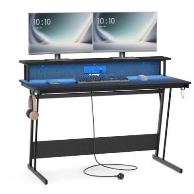 Image of VASAGLE Gaming Desk with LED Lights and Built In Power Outlets, Computer Monitor Shelf, Table for 2 Monitors, Office Desk, Bedroom, 55 x 135 76 cm Carbon Black LWD118B02