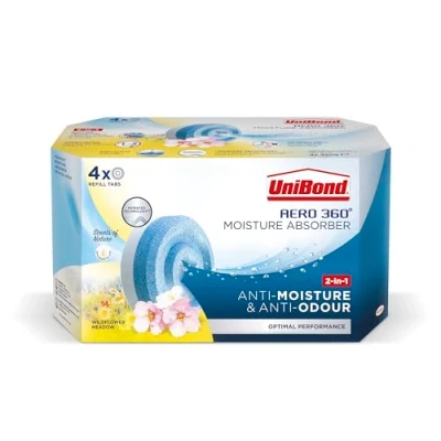 Image of Unibond AERO 360 Moisture Absorber Wildflower Meadow Refill Tab,Aromatherapy,Ultra Absorbent and Odour Neutralising,for Dehumidifier,Condensation Absorbers,Four Pack (4x450g),White Blue