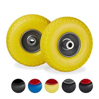 Image of Relaxdays Set of 4 Hand Truck Tyres, Non Flat Solid Rubber Wheels, 3.00 4, 20mm Axle, 100 kg, 260x85mm, Yellow/Grey