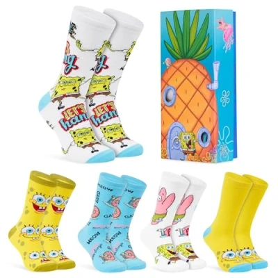Image of SpongeBob Mens Socks Pack of 5 Crew for Men Teenagers Soft Breathable Work Sports Casual Size 6 10 Gifts (Multi, 6.5/10.5 UK)