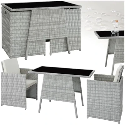 Image of TecTake® Rattan Bistro Set, 2 Chairs and 1 Table, Robust Steel Frame, Stainless Screws, Chic Design with Removable Cushions, Easy to Clean Glass Top, for Patio, garden, balcony light grey