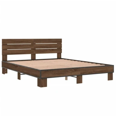 Image of vidaXL King Size Bed Frame Brown Oak 150x200 cm, Engineered Wood and Metal with Plywood Slats, Modern Bedroom Furniture