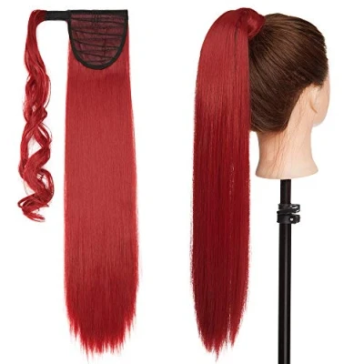 Image of Wrap Around Ponytail Clip In Hair Extensions Straight Silky One Piece Long Hairpiece For Women Dark Red(58CM 90G)