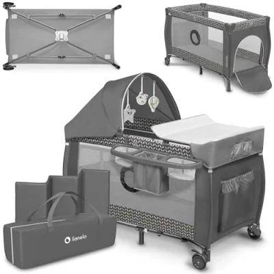 Image of Lionelo Sven Plus 2in1 Travel Cot and Portable Playpen for newborns 0 36 Months Foldable with 2 level Heights, Changing Table, Mattress, Side Entrance, Mesh Walls, Mosquito Net Canopy Wheels Organiser