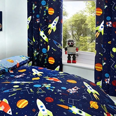 Image of Bedlam Supersonic Glow In The Dark Lined Pencil Pleat Curtains 66&quot; Width x 72&quot; Drop (168 183cm), Blue