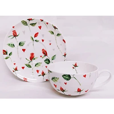 Image of Hearts &amp; Red Roses Breakfast Cup Saucer Fine Bone China Cappuccino Coffee Set Hand Decorated in UK