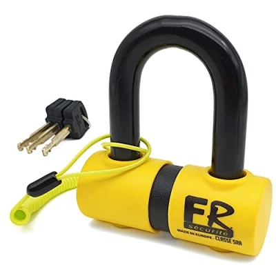 Image of FR SECURITE FR50 Mini U Motorcycle Disc Lock SRA Approved, 18mm Diameter Hardened Steel Shackle, Double Locking Mechanism, High Security Anti Pick, Reminder Cable, Moto Theft Wheel Brake