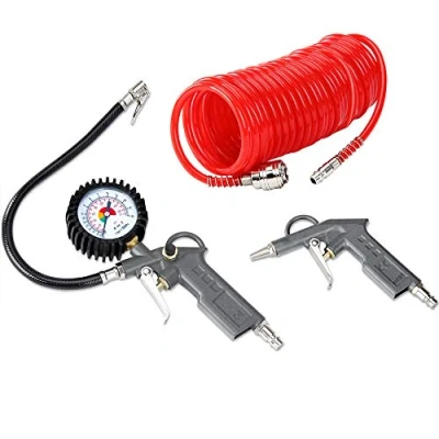 Image of DEUBA® Compressed Air Tool 3pc Set 12 Bar Standard Compressors 5m Hose Blow Gun Accessories Tyre Inflator Pressure Gauge Pneumatic Power Fittings Home Improvement Workshop