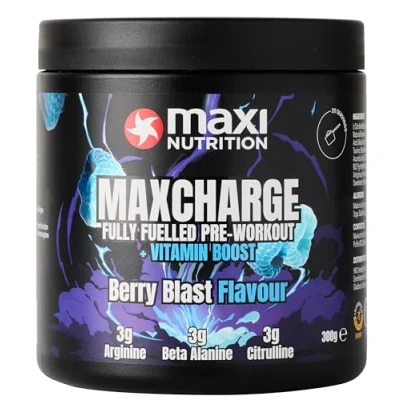 Image of MaxiNutrition Max Charge Vitamin boosted Pre Workout, Sugar Free Energy and Performance Boosting Sports Drink for Endurance Recovery, Berry Blast, 300g