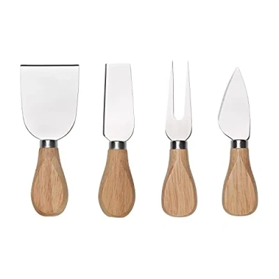 Image of Tala Performance 4 Piece Cheese Knife Set Wooden Handles &amp; Stainless Steel Bladed Knives, for Soft Hard Gifts, Slicer, Cutter, Shaver Fork