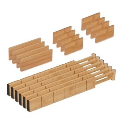 Image of Relaxdays Drawer Divider, 18 Pieces, Adjustable Length from 34 to 43.5 cm, Kitchen Storage, Organiser, Bamboo, Natural, 6 x 57 1.5 cm