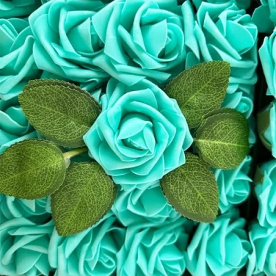 Image of SECALIFE 25 Pieces Artificial Flower Foam Rose, Real Touch Roses Fake for DIY Bouquets Wedding, Party, Garden, Office, Valentine&#039;s Day Home Decor, light blue