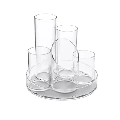 Image of OSCO Clear Acrylic 5 Tube Pen Pot Desk Tidy Pencil Holder Office Organiser Makeup Storage Cosmetic Display Stationery Sorter H14.5 x W16 D16 cm