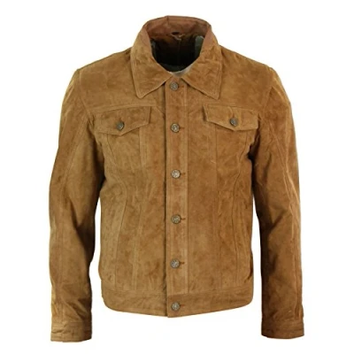 Image of Mens Vintage Short Denim Style Retro Real Suede Leather Jean Jacket Casual Wine Green