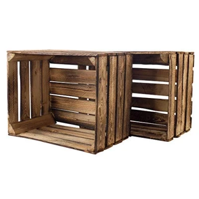 Image of Kontorei® Flamed / Burnt Fruit Box 50 cm x 40 30 Set of 2 Shelf Apple Crate Wooden