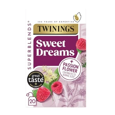 Image of Twinings Superblends Sweet Dreams Tea Raspberry, Passionflower &amp; Valerian Root Herbal Infusion with Niacin (Vitamin B3) Sleep Tea, 20 Biodegradable Bags