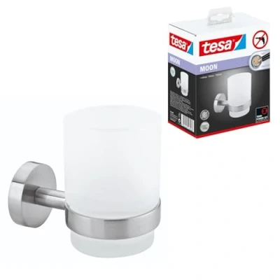 Image of tesa MOON Toothbrush and Toothpaste Holder No Drill Wall Mounted Satined Cup with Chrome Plated Holder, Stainless Waterproof Includes Removable Glue Solution