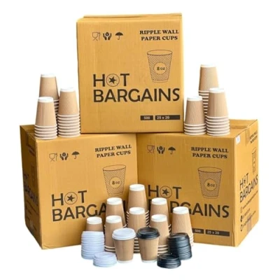 Image of Hot BARGAINS, 200 X 8oz / 230ml Kraft Triple Walled Disposable Paper Ripple Cups with LIDS Coffee Tea Drink + Free